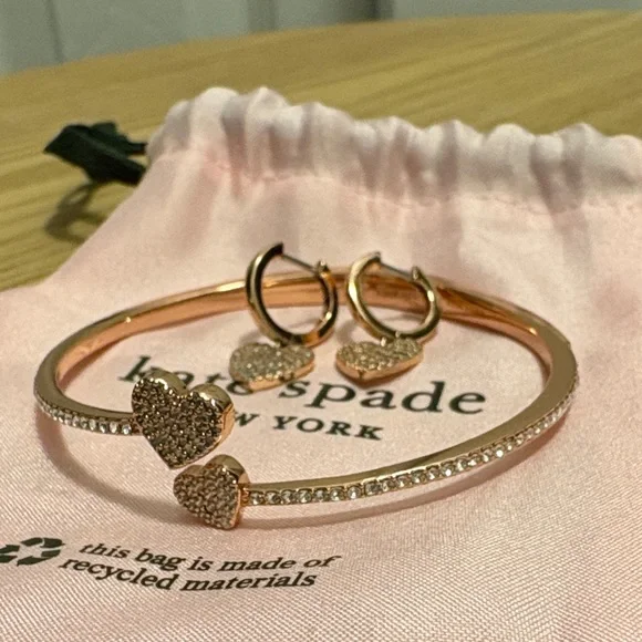 Kate Spade New York Rose Gold Crystal Heart Bangle with Matching Hoop Earrings - Picture 5 of 8